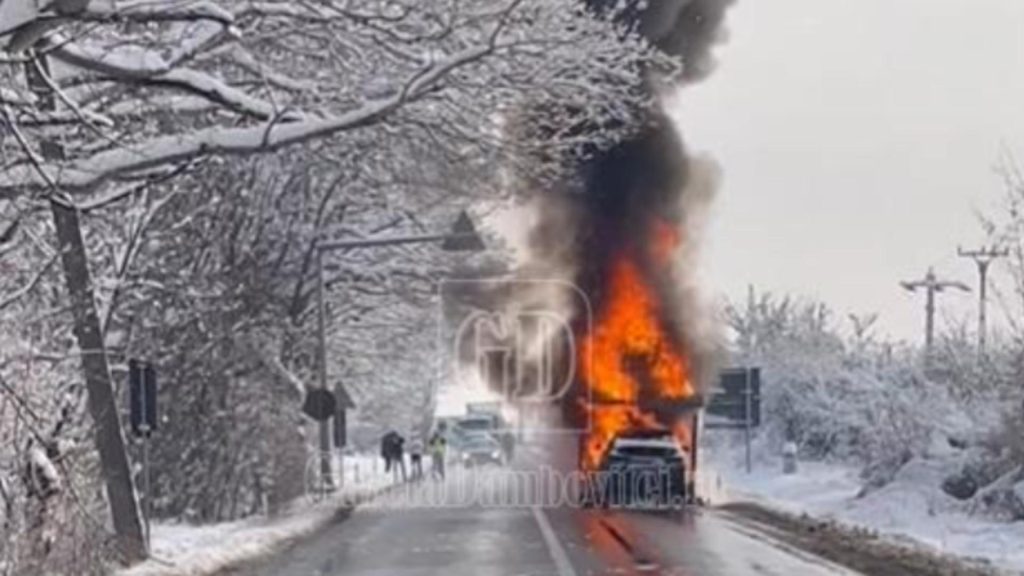 Incendiu pe DN 72 Trailer cu 8 masini ars